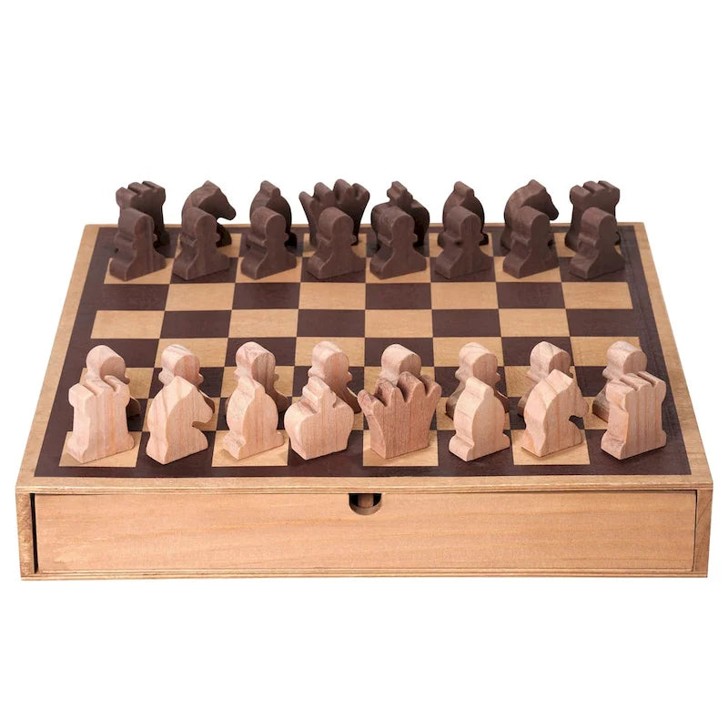 American Art Decor Wood Chess & Checkers Board Game Set with Drawer Tabletop Decor - 2.5 H x 16 L x 16 D