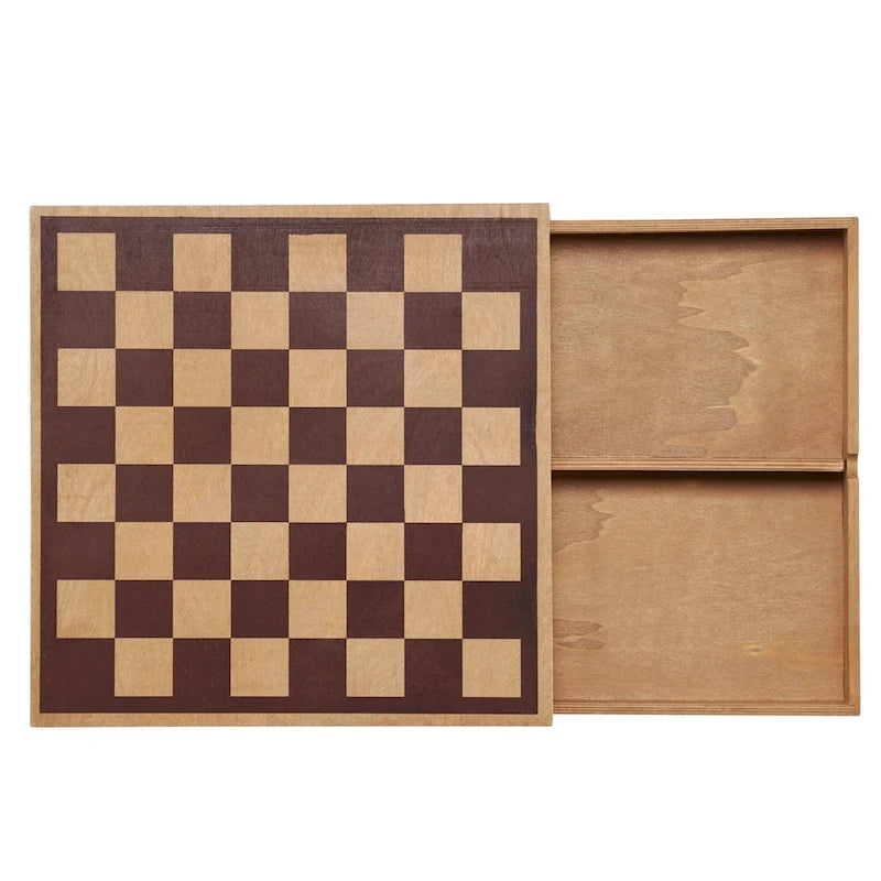 American Art Decor Wood Chess & Checkers Board Game Set with Drawer Tabletop Decor - 2.5 H x 16 L x 16 D