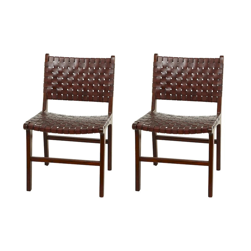 Woven Leather Dining Chairs with Teak Wood Frame - Set of 2