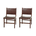 Woven Leather Dining Chairs with Teak Wood Frame - Set of 2