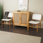 Woven Leather Dining Chairs with Teak Wood Frame - Set of 2