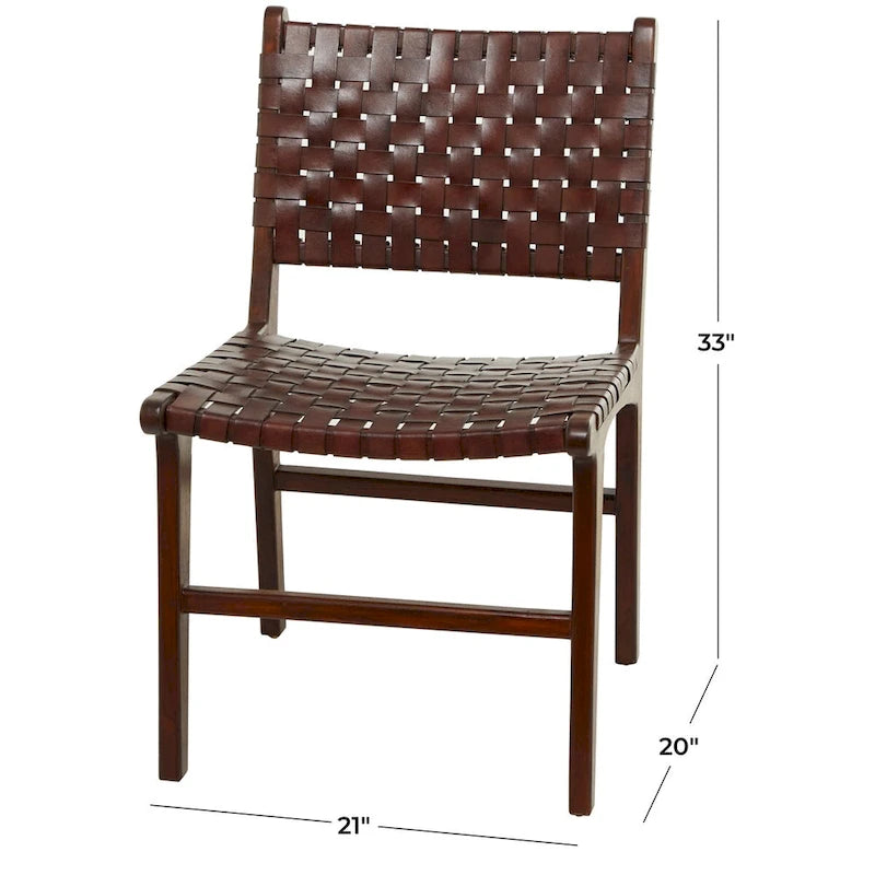 Woven Leather Dining Chairs with Teak Wood Frame - Set of 2