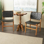 Woven Leather Dining Chairs with Teak Wood Frame - Set of 2