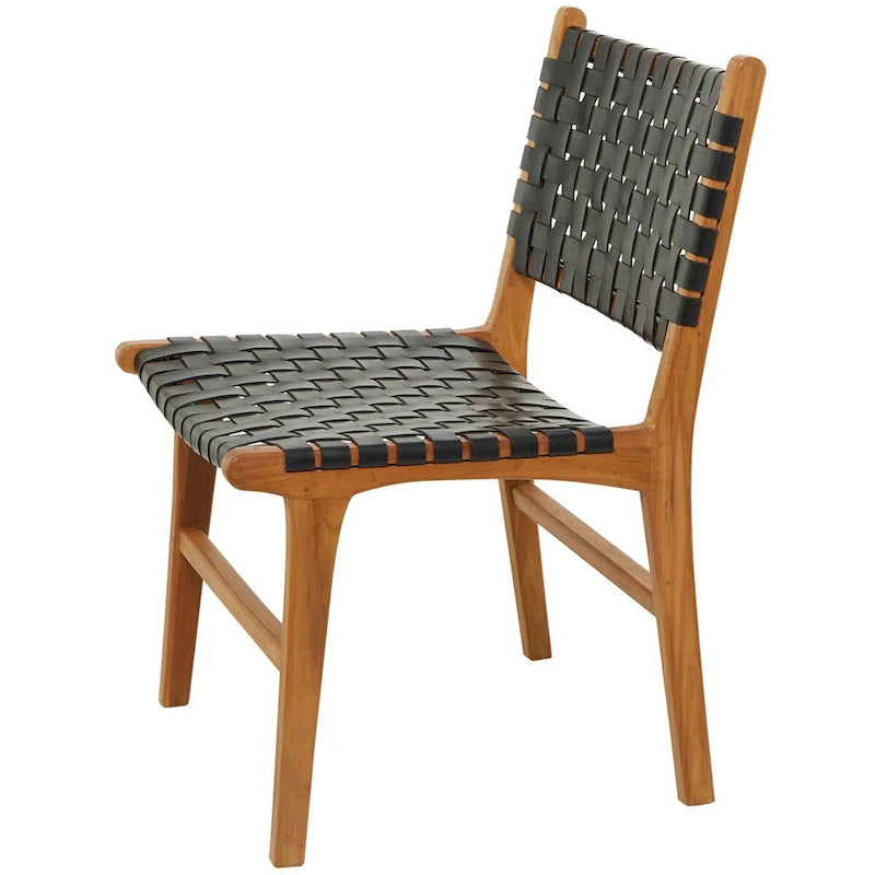 Woven Leather Dining Chairs with Teak Wood Frame - Set of 2