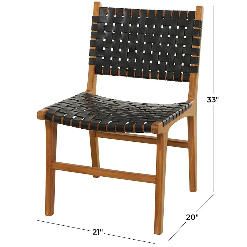Woven Leather Dining Chairs with Teak Wood Frame - Set of 2