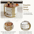 Stackable Round Coffee Table with 2 Drawers, Modern Nesting Tables