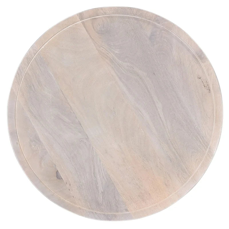 Side End Table, 18 Inch Round Top, Pedestal Base, Oak White Mango Wood