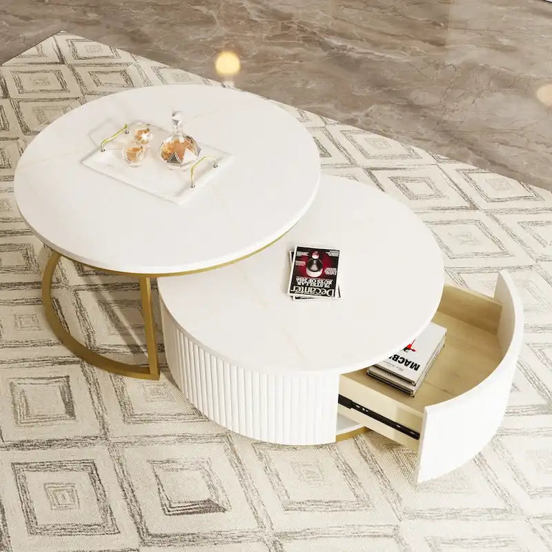 Modern Round Nesting Coffee Table Fluted with Drawer