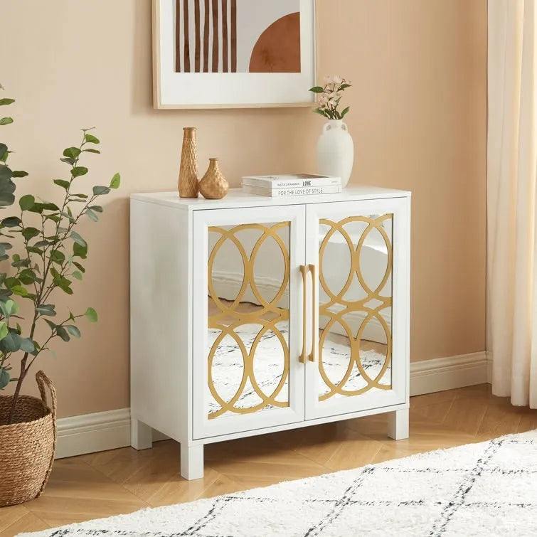 Mirrored Accent Cabinet with Gold Stripes - MDF Storage (32.3"W x 31.1"H)