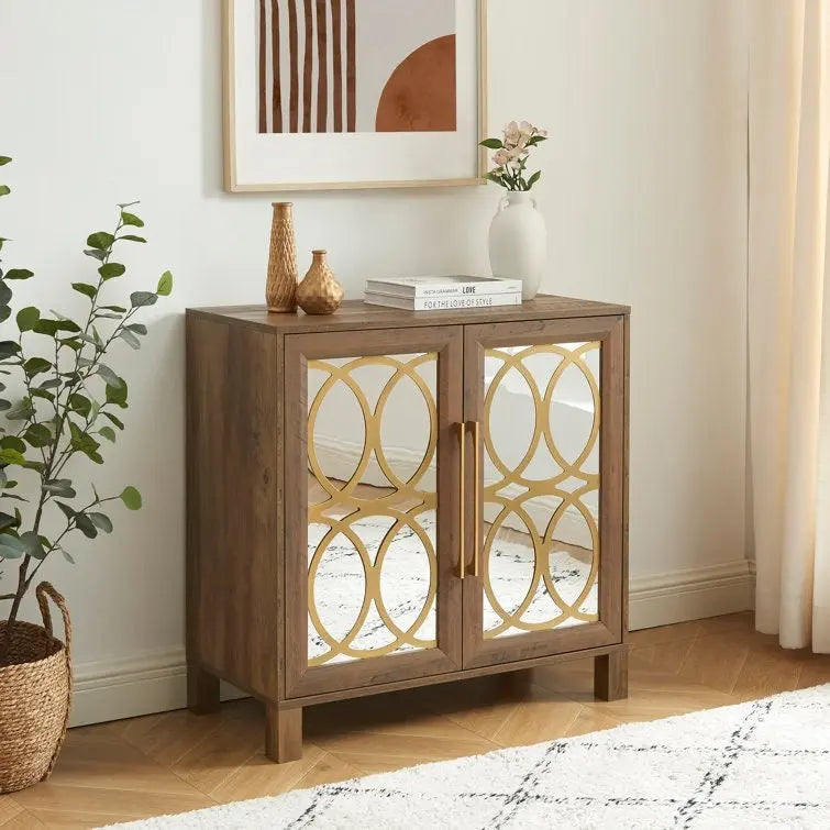Mirrored Accent Cabinet with Gold Stripes - MDF Storage (32.3"W x 31.1"H)