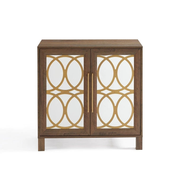 Mirrored Accent Cabinet with Gold Stripes - MDF Storage (32.3"W x 31.1"H)