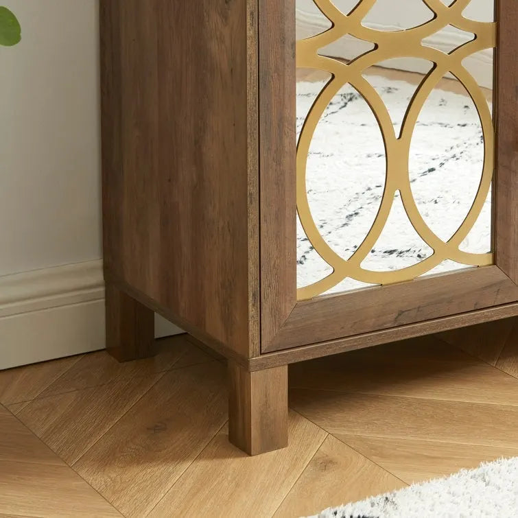 Mirrored Accent Cabinet with Gold Stripes - MDF Storage (32.3"W x 31.1"H)