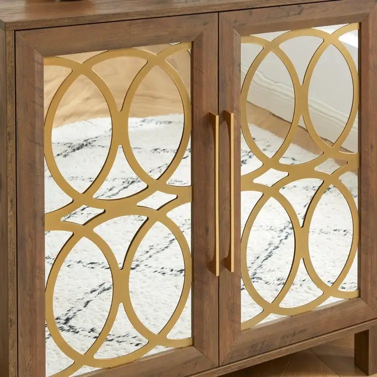 Mirrored Accent Cabinet with Gold Stripes - MDF Storage (32.3"W x 31.1"H)