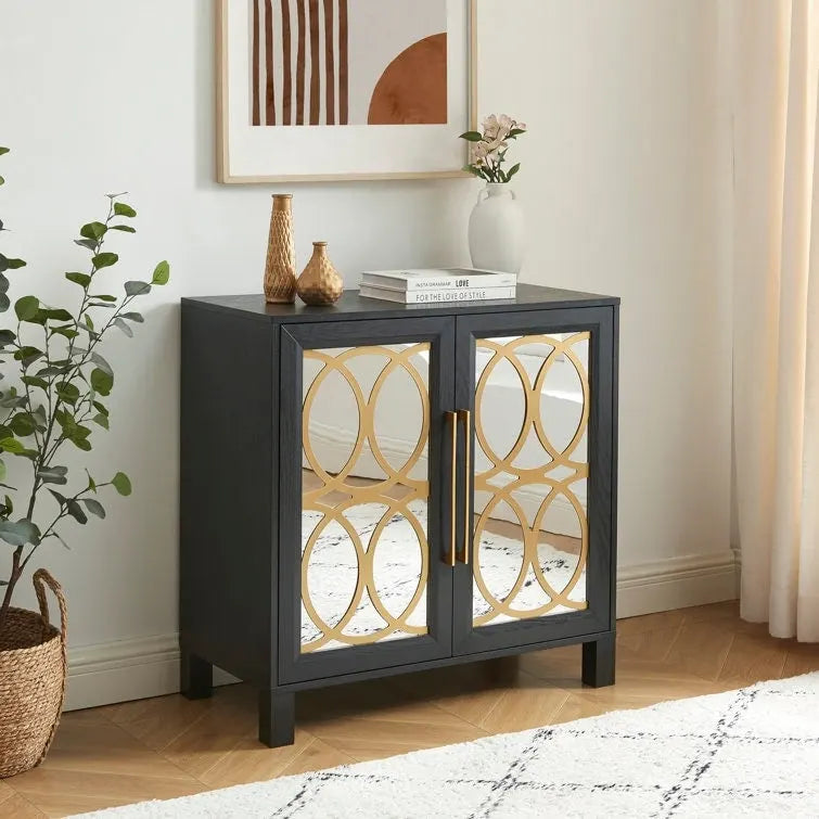 Mirrored Accent Cabinet with Gold Stripes - MDF Storage (32.3"W x 31.1"H)