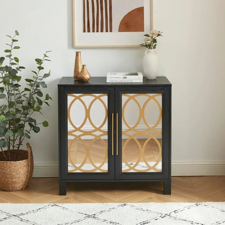 Mirrored Accent Cabinet with Gold Stripes - MDF Storage (32.3"W x 31.1"H)