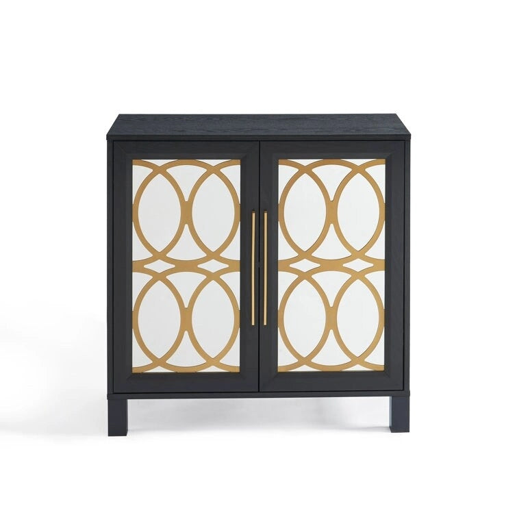 Mirrored Accent Cabinet with Gold Stripes - MDF Storage (32.3"W x 31.1"H)
