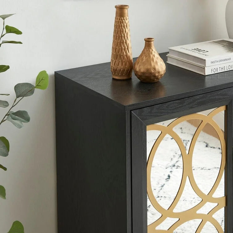 Mirrored Accent Cabinet with Gold Stripes - MDF Storage (32.3"W x 31.1"H)