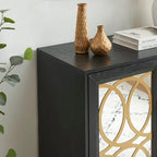 Mirrored Accent Cabinet with Gold Stripes - MDF Storage (32.3"W x 31.1"H)