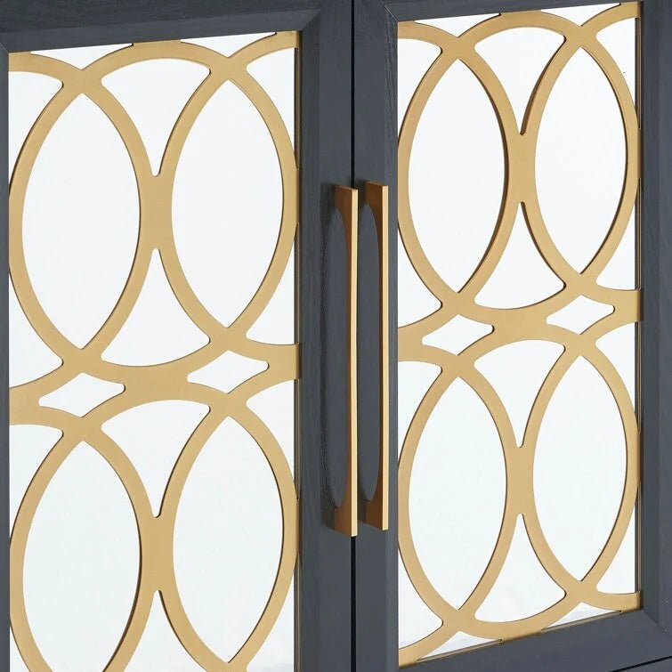 Mirrored Accent Cabinet with Gold Stripes - MDF Storage (32.3"W x 31.1"H)