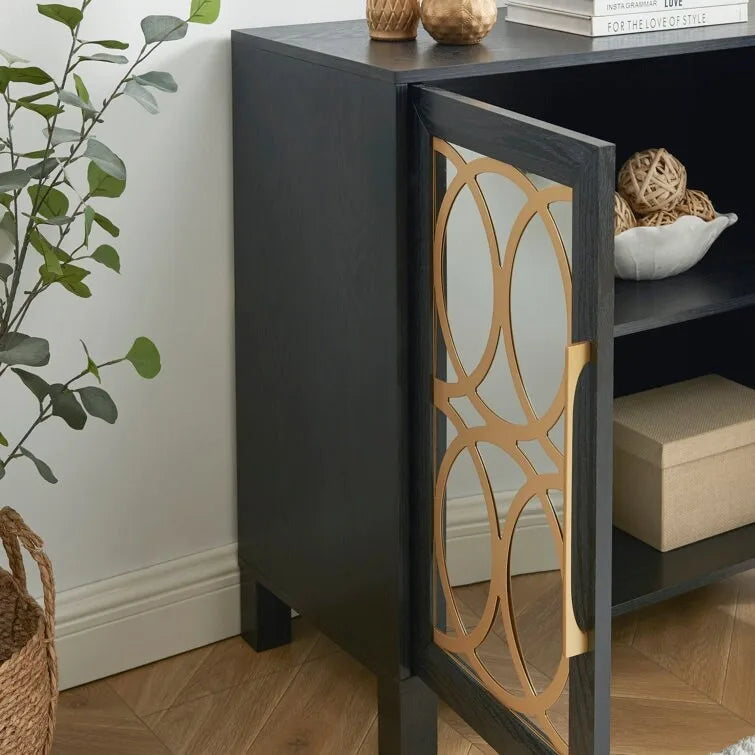 Mirrored Accent Cabinet with Gold Stripes - MDF Storage (32.3"W x 31.1"H)