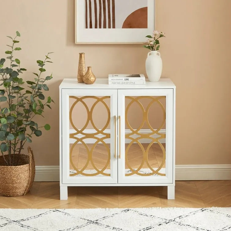 Mirrored Accent Cabinet with Gold Stripes - MDF Storage (32.3"W x 31.1"H)