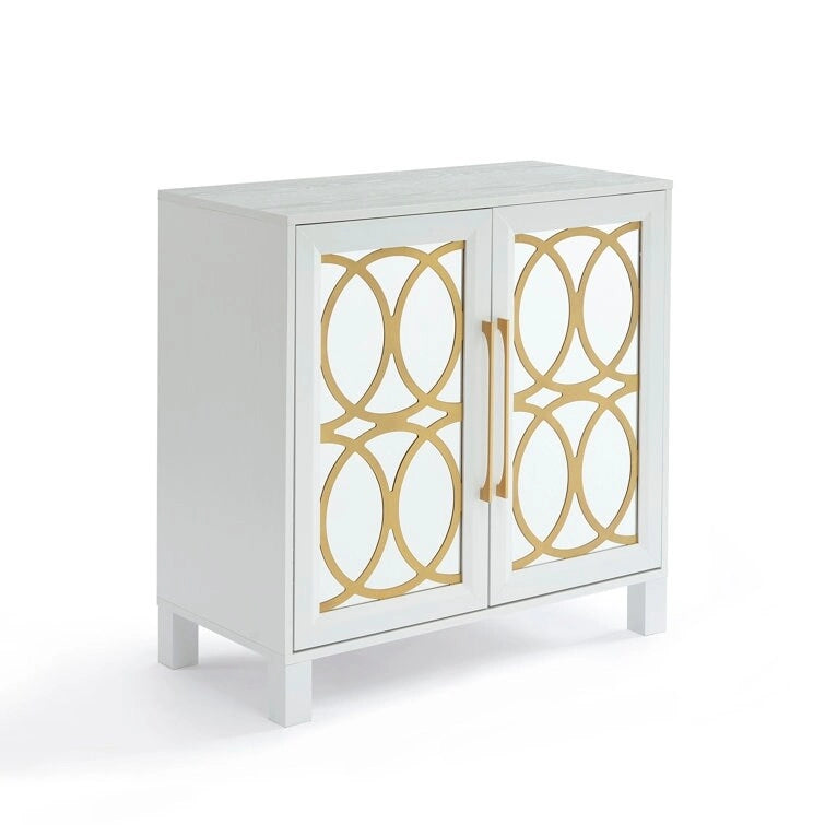 Mirrored Accent Cabinet with Gold Stripes - MDF Storage (32.3"W x 31.1"H)