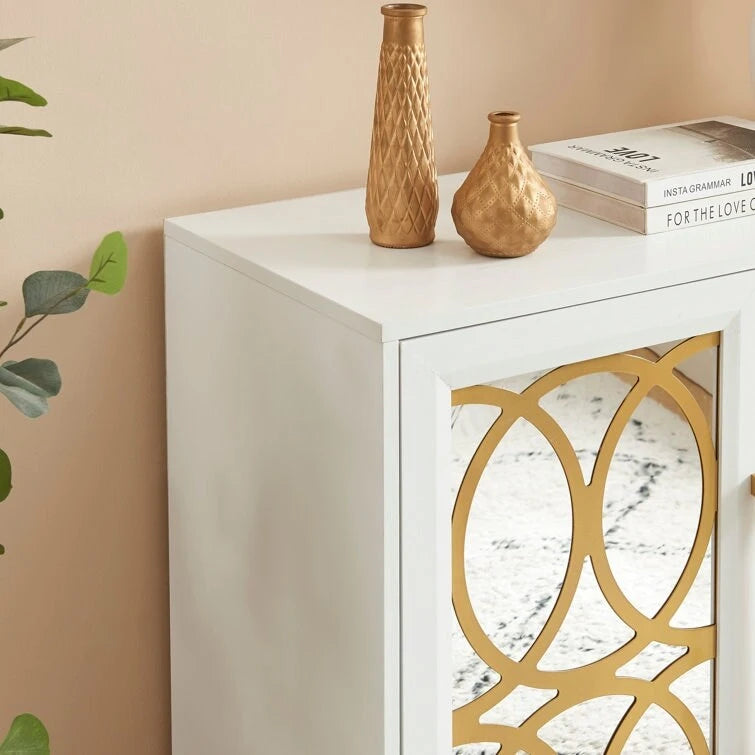 Mirrored Accent Cabinet with Gold Stripes - MDF Storage (32.3"W x 31.1"H)