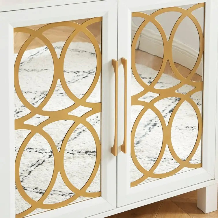 Mirrored Accent Cabinet with Gold Stripes - MDF Storage (32.3"W x 31.1"H)