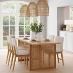 Willow Boho Dining Table for 6 with Solid Wood Legs, Dining Table with Bohemian Rattan Accent