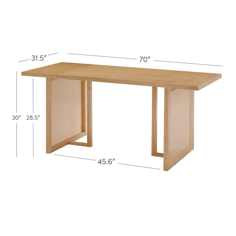 Willow Boho Dining Table for 6 with Solid Wood Legs, Dining Table with Bohemian Rattan Accent