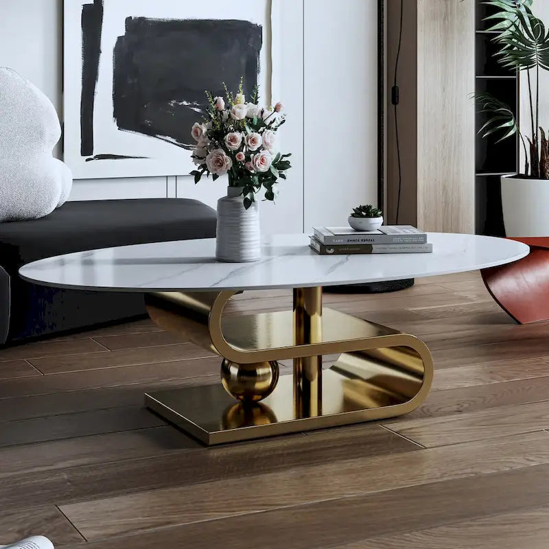 Exquisite Modern Oval Coffee table with white 51L Stone Top and Gold Metal Base