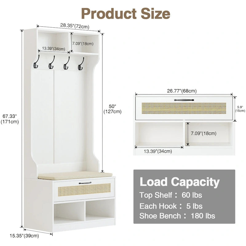 Anmytek 67 3-In-1 Hall Tree Shoe Storage Bench and Coat Rack with 4 Hooks and 6 Compartments for Entryway