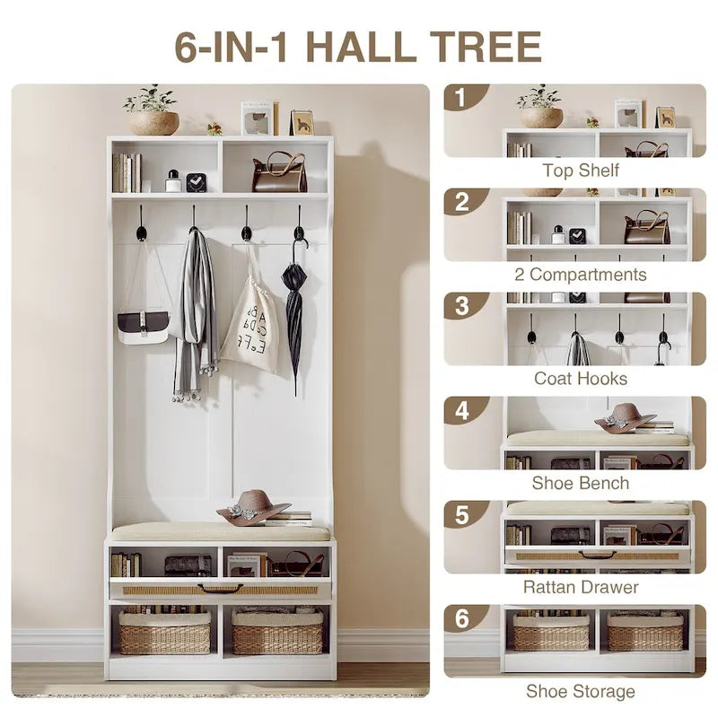 Anmytek 67 3-In-1 Hall Tree Shoe Storage Bench and Coat Rack with 4 Hooks and 6 Compartments for Entryway