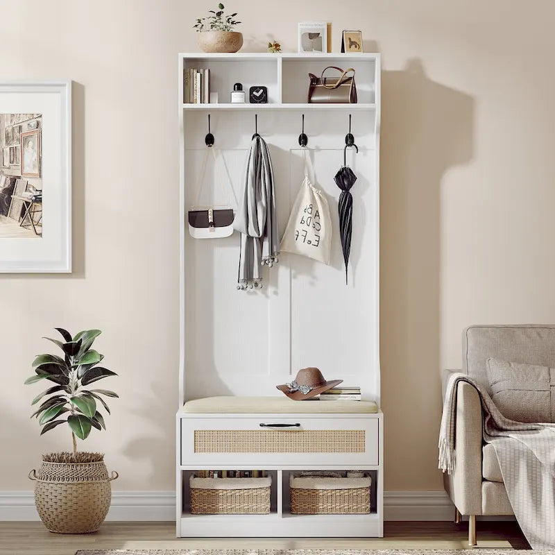 Anmytek 67 3-In-1 Hall Tree Shoe Storage Bench and Coat Rack with 4 Hooks and 6 Compartments for Entryway