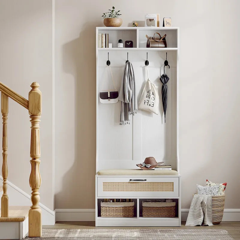Anmytek 67 3-In-1 Hall Tree Shoe Storage Bench and Coat Rack with 4 Hooks and 6 Compartments for Entryway