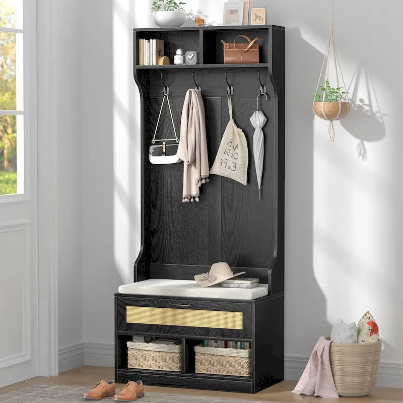 Anmytek 67 3-In-1 Hall Tree Shoe Storage Bench and Coat Rack with 4 Hooks and 6 Compartments for Entryway