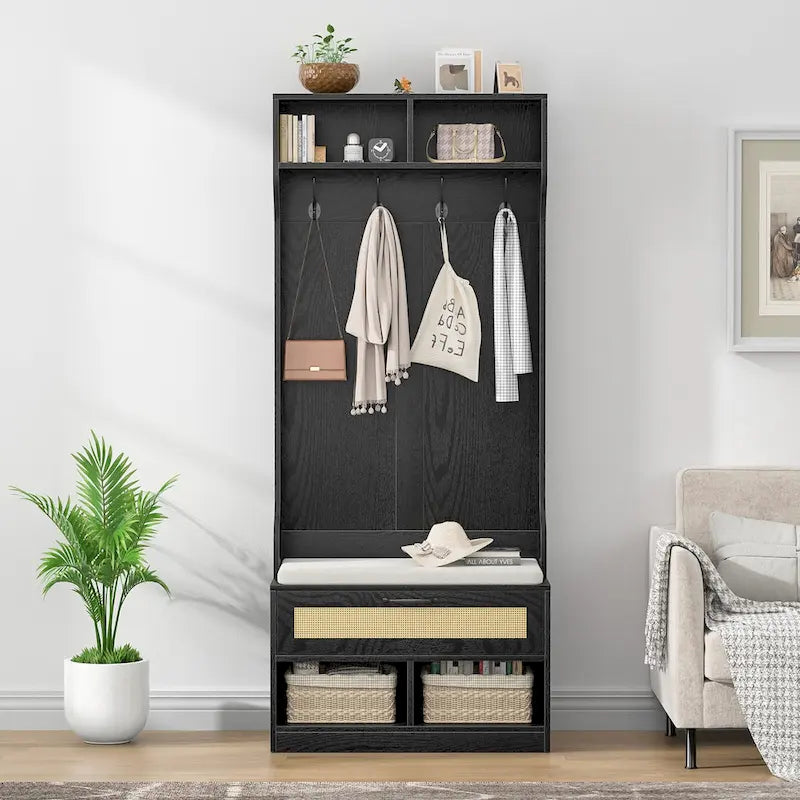 Anmytek 67 3-In-1 Hall Tree Shoe Storage Bench and Coat Rack with 4 Hooks and 6 Compartments for Entryway