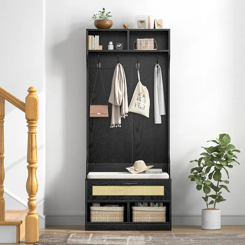 Anmytek 67 3-In-1 Hall Tree Shoe Storage Bench and Coat Rack with 4 Hooks and 6 Compartments for Entryway