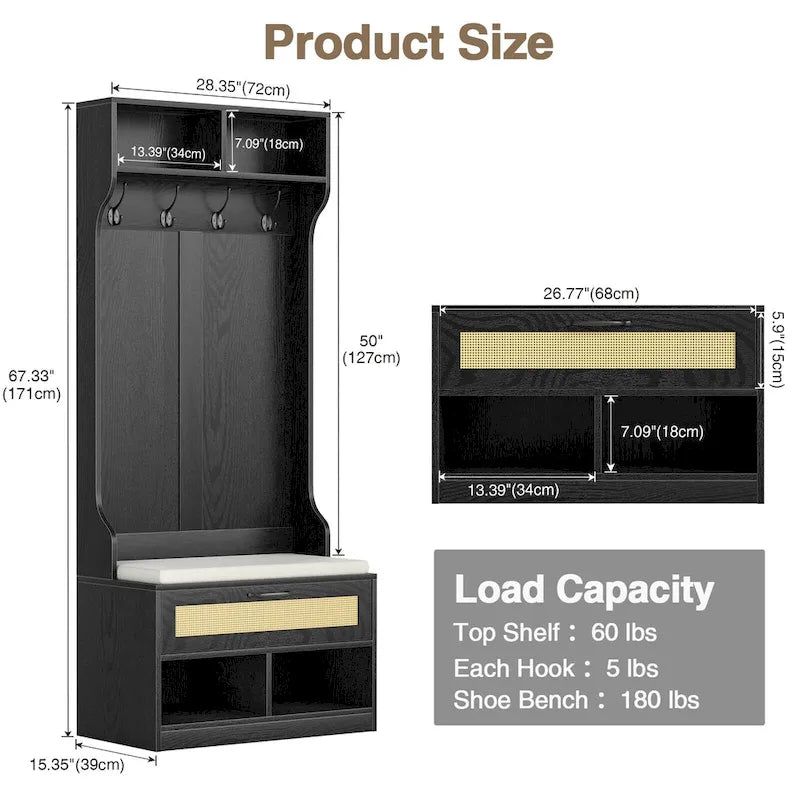Anmytek 67 3-In-1 Hall Tree Shoe Storage Bench and Coat Rack with 4 Hooks and 6 Compartments for Entryway