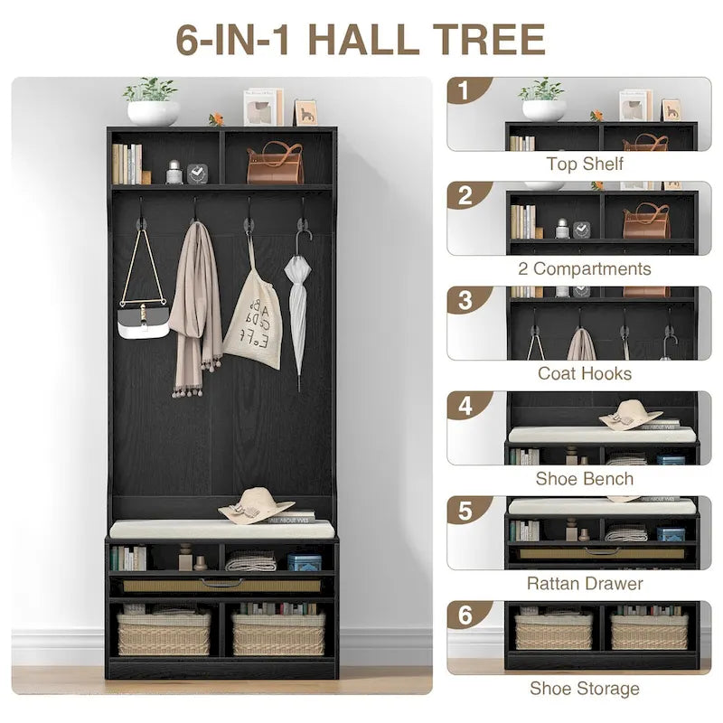 Anmytek 67 3-In-1 Hall Tree Shoe Storage Bench and Coat Rack with 4 Hooks and 6 Compartments for Entryway