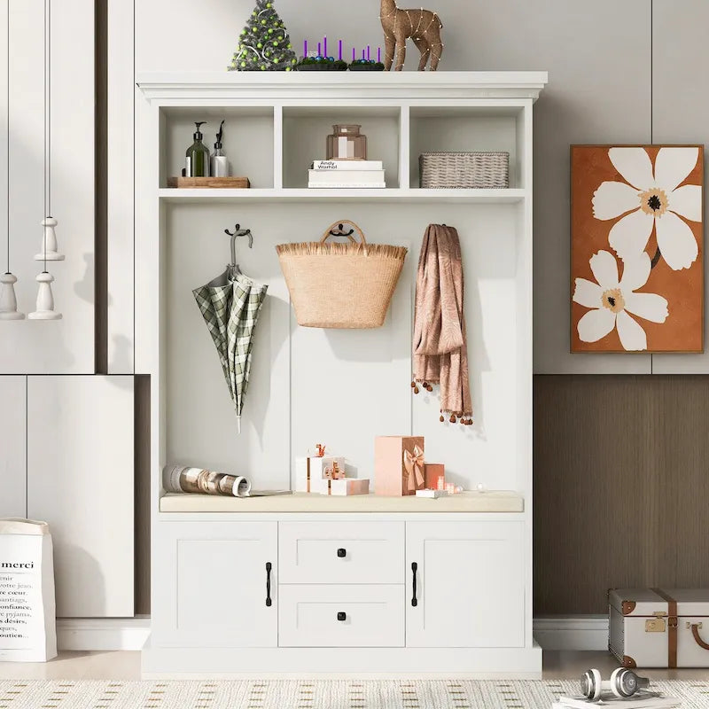 Classic Hall Tree with 3 Hooks,Coat Hanger,Storage Bench for Entrance,Hallway