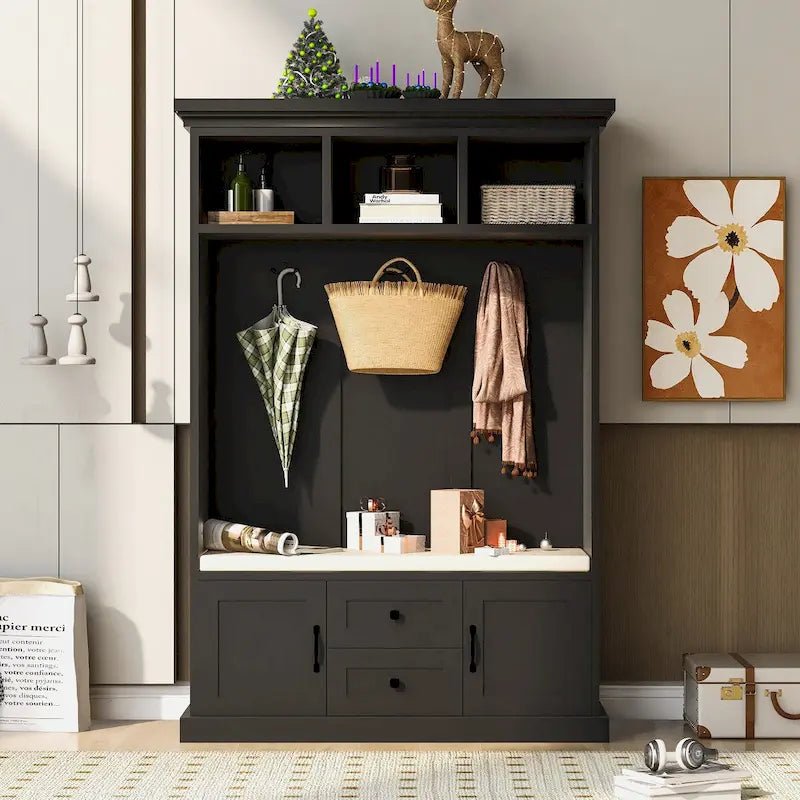 Classic Hall Tree with 3 Hooks,Coat Hanger,Storage Bench for Entrance,Hallway