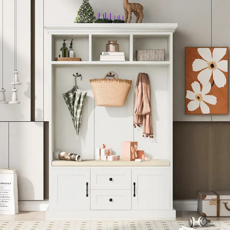 Classic Hall Tree with 3 Hooks,Coat Hanger,Storage Bench for Entrance,Hallway