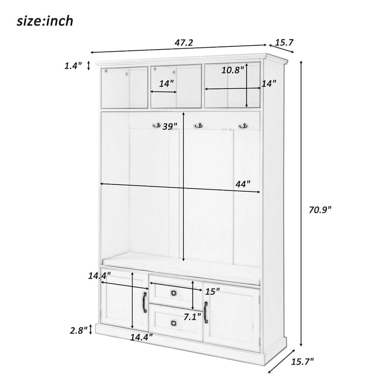 Classic Hall Tree with 3 Hooks,Coat Hanger,Storage Bench for Entrance,Hallway